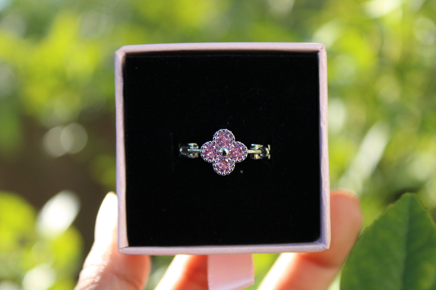 Pink Clover Ring Silver