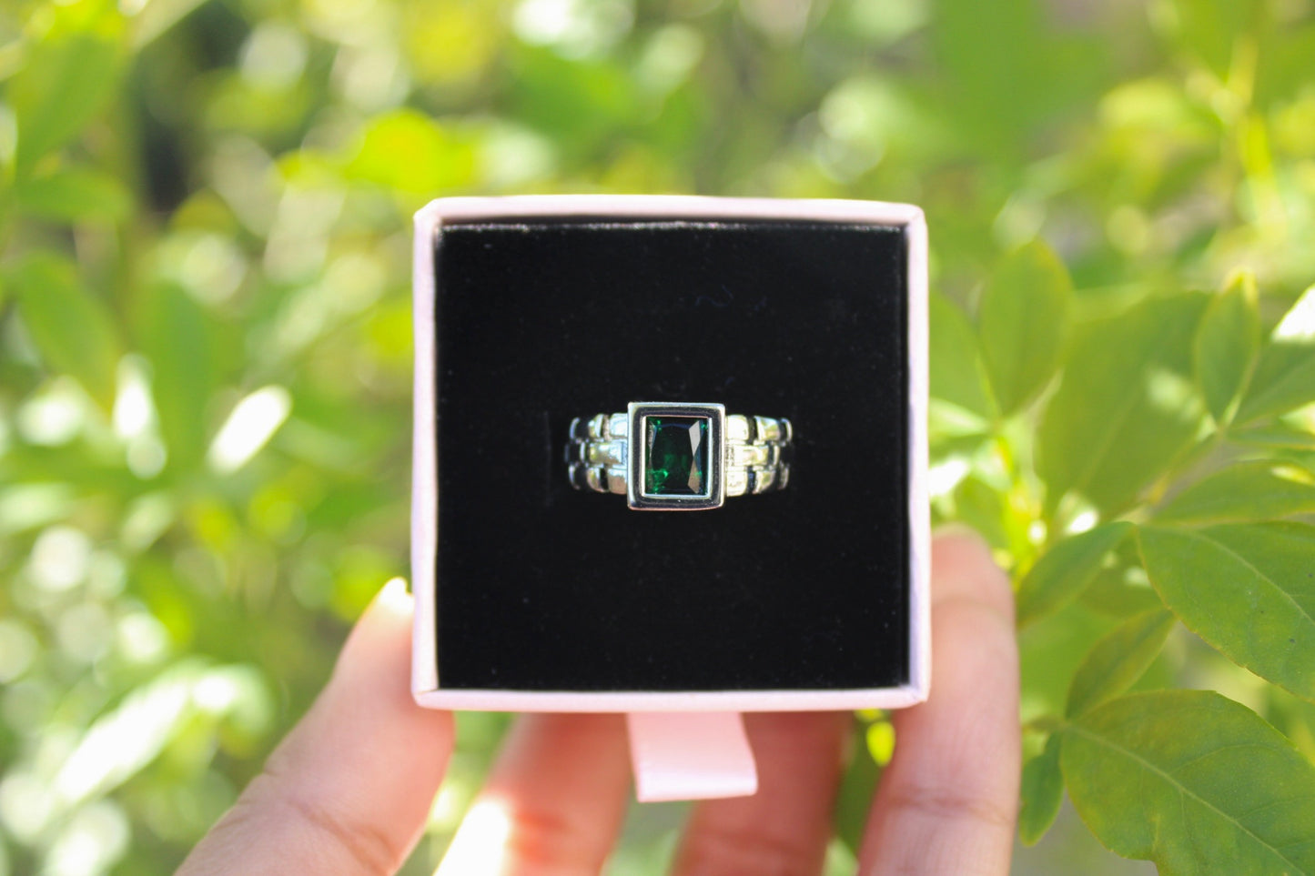 Green Stone Chunky Ring Silver